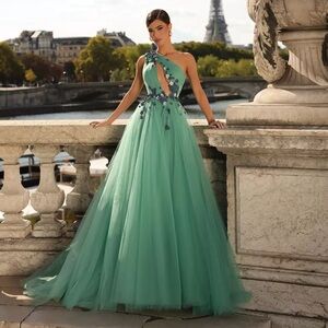 Tarik Ediz 98275 - Floral Appliqued Asymmetric Evening Dress